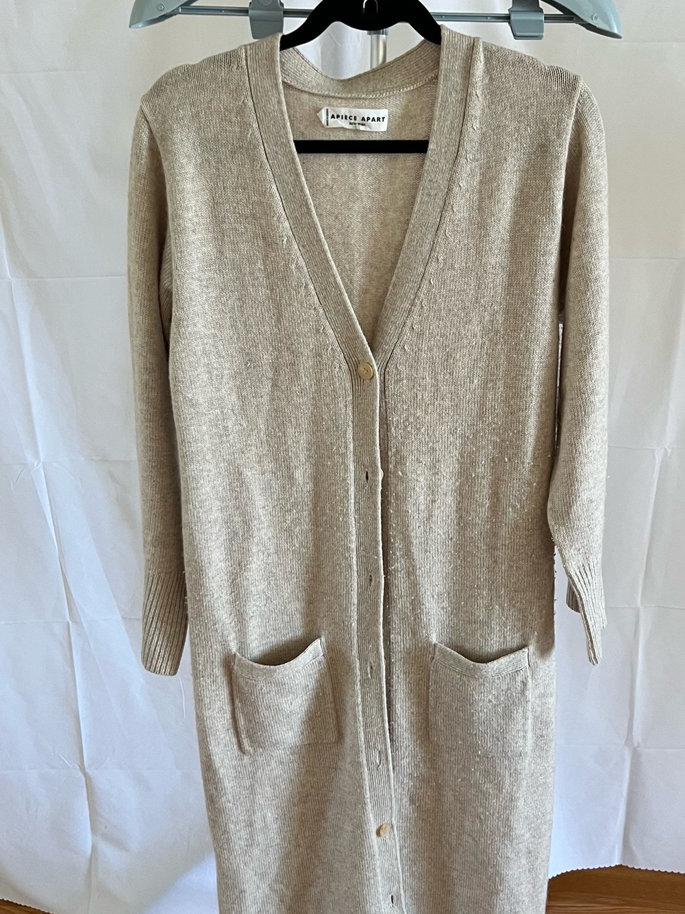 Apiece Apart Longline V-Neck Button Cardigan in Light Beige